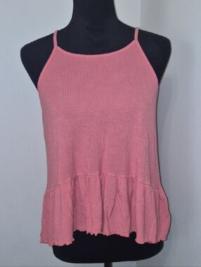 American Eagle Outfitters Dusty Pink Ribbed Halter Camisole with Ruffle Hem